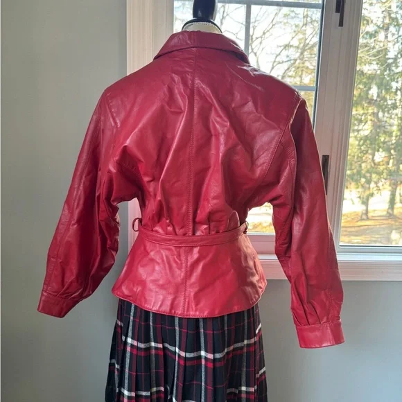 Wilson’s Leather 80’s vintage red leather peplum belted jacket Size XS/S - Picture 3 of 11